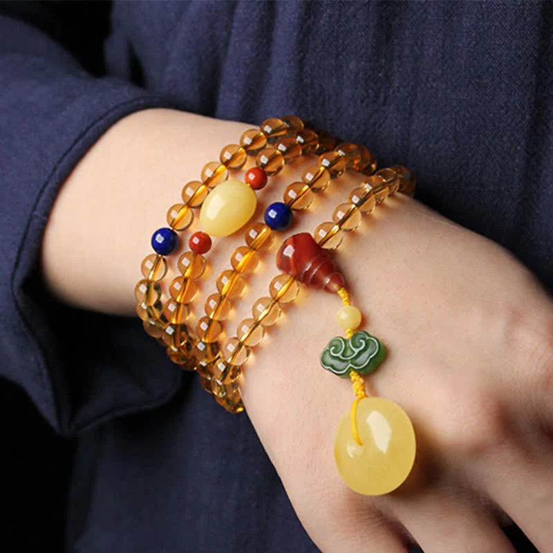 108 Mala Beads Naturalny Cytryn Bursztyn Peace Buckle Czerwony Agat PiXiu Ochrona Bransoletka Charm - Image 3