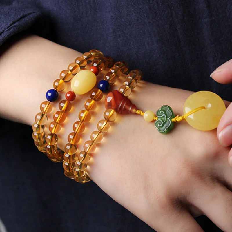 108 Mala Beads Naturalny Cytryn Bursztyn Peace Buckle Czerwony Agat PiXiu Ochrona Bransoletka Charm - Image 4