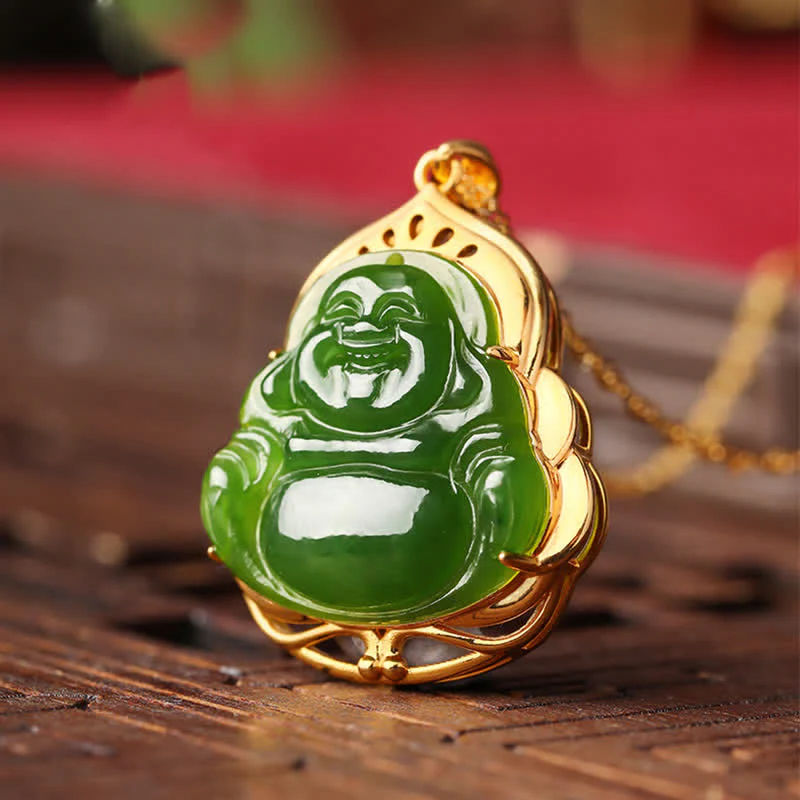 925 Srebro Sterling Naturalny Hetian Cyan Jade Śmiejący się Budda 18K Złoty Naszyjnik Uzdrawiający Łańcuszek Wisiorek - Image 6