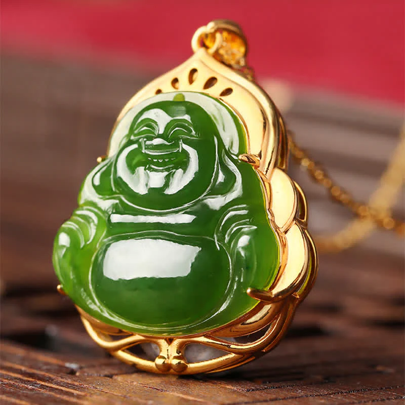 925 Srebro Sterling Naturalny Hetian Cyan Jade Śmiejący się Budda 18K Złoty Naszyjnik Uzdrawiający Łańcuszek Wisiorek - Image 7