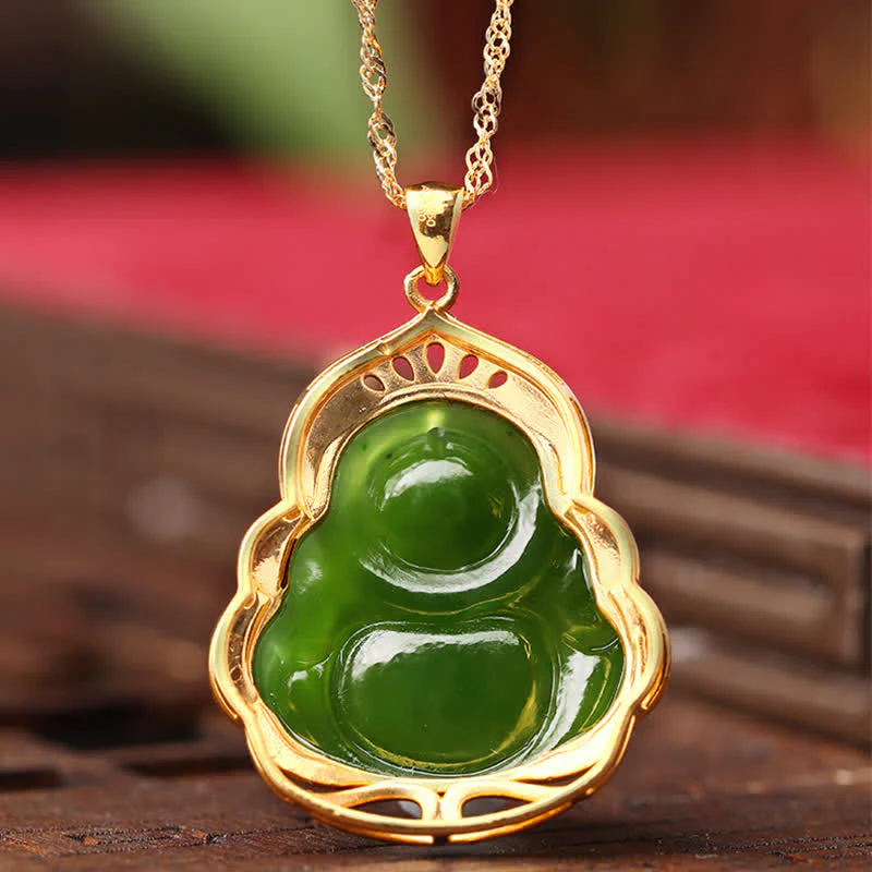 925 Srebro Sterling Naturalny Hetian Cyan Jade Śmiejący się Budda 18K Złoty Naszyjnik Uzdrawiający Łańcuszek Wisiorek - Image 8