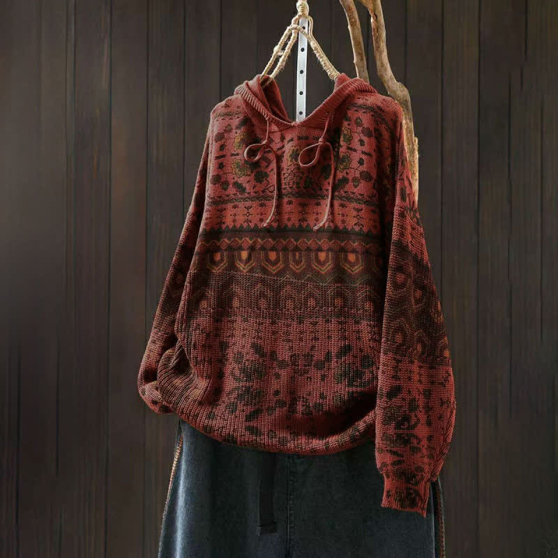 Bluza damska z długim rękawem i dzianinowym kapturem z motywem Buddha Stones w paski i geometryczne kwiaty - Image 3