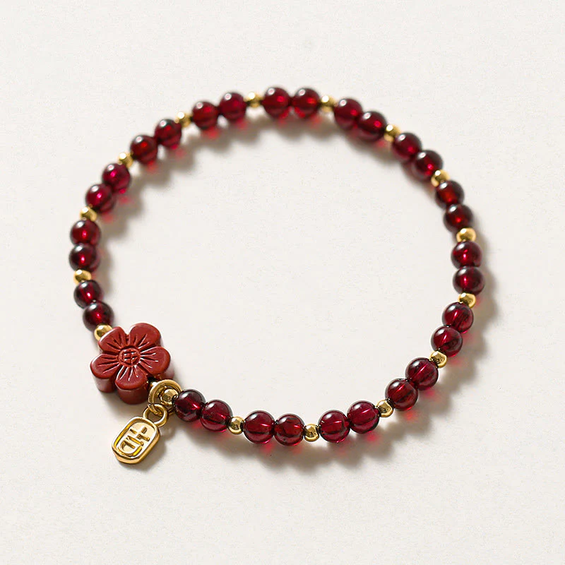Bransoletka Buddha Stones 14K Gold Natural Granat Cinnabar Flower Calm