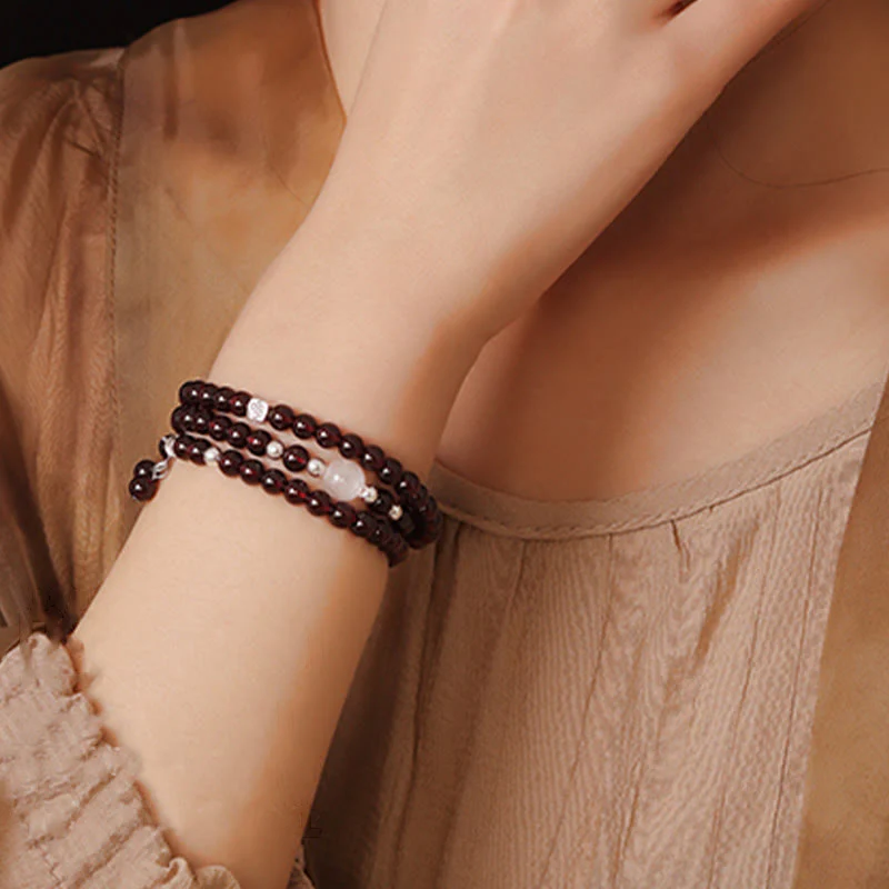 Bransoletka Buddha Stones 925 Sterling Silver Natural Garnet Cat Eye Protection Triple Wrap - Image 10