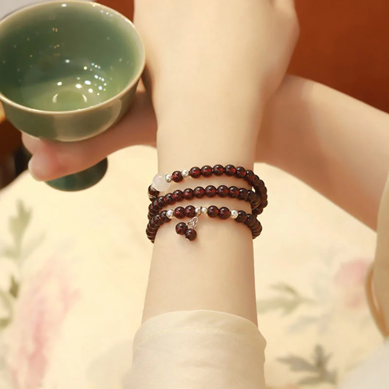 Bransoletka Buddha Stones 925 Sterling Silver Natural Garnet Cat Eye Protection Triple Wrap - Image 11