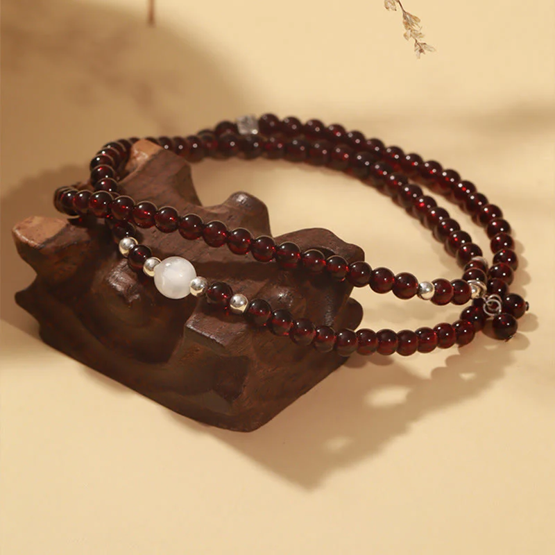 Bransoletka Buddha Stones 925 Sterling Silver Natural Garnet Cat Eye Protection Triple Wrap - Image 2