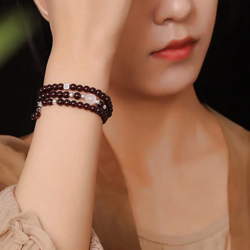 Bransoletka Buddha Stones 925 Sterling Silver Natural Garnet Cat Eye Protection Triple Wrap - Image 6