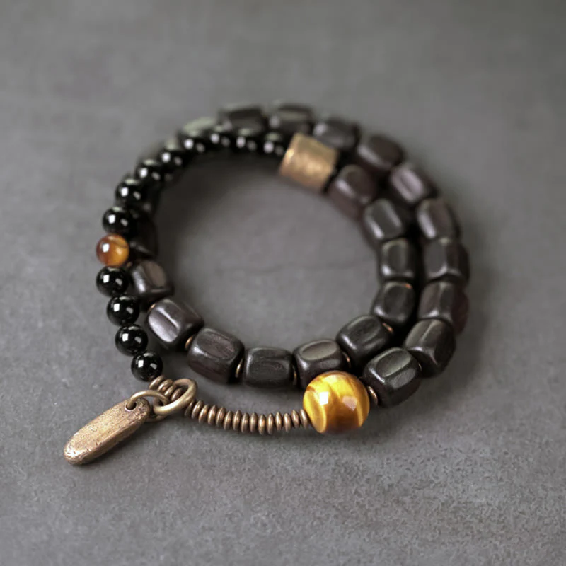 Bransoletka Buddha Stones Ebony Drewno Miedź Mosiądz Tygrysie Oko Pokój Podwójne Owijanie