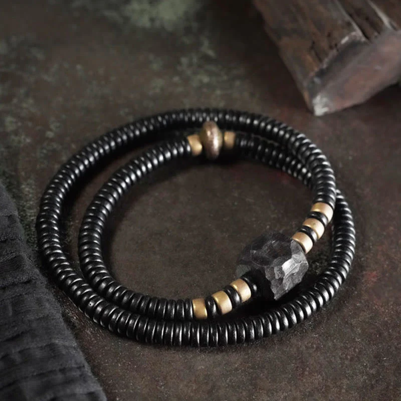 Bransoletka Buddha Stones Ebony Wood Copper Brass Peace Double Wrap - Image 3