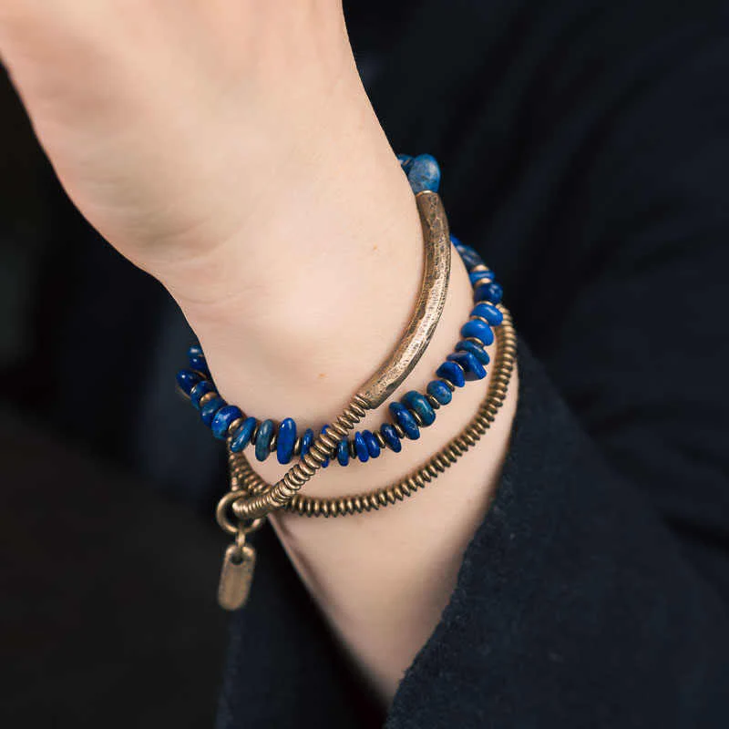 Bransoletka z Buddha Stones o nieregularnym kształcie i potrójnym owinięciu z lazurytu i lapis lazuli - Image 9