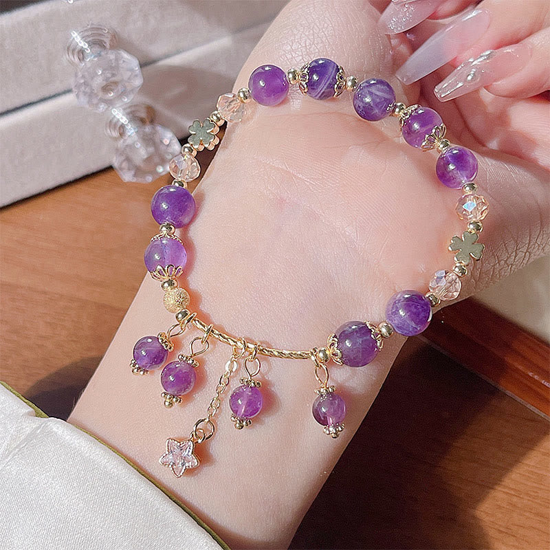 Bransoletka Buddha Stones Natural Amethyst Four Leaf Clover Star Peace - Image 10