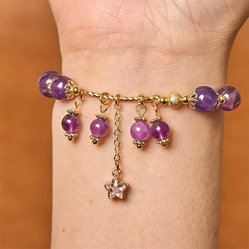 Bransoletka Buddha Stones Natural Amethyst Four Leaf Clover Star Peace - Image 5