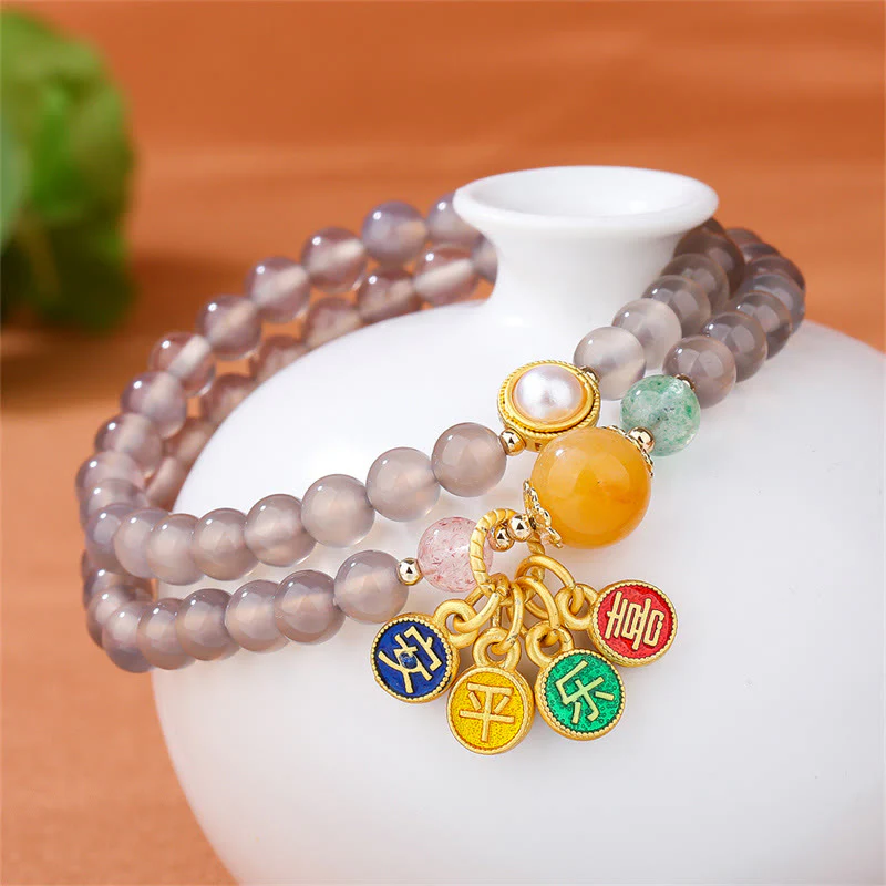 Bransoletka Buddha Stones Natural Grey Agat Peace And Joy Charm Balance Double Wrap - Image 2