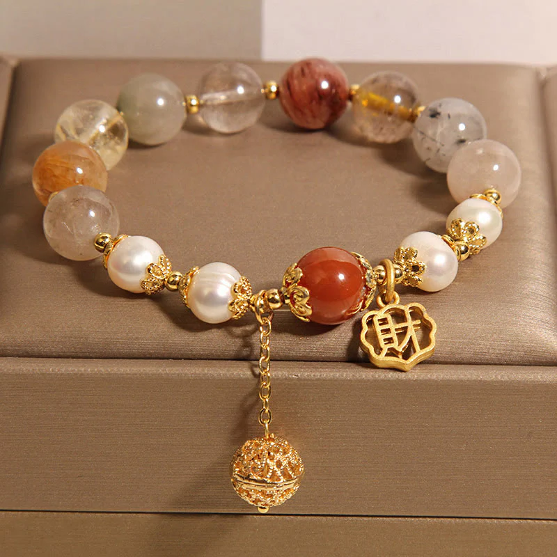 Bransoletka Buddha Stones Natural Rutilated Quartz Pearl Attract Fortune Wealth - Image 2