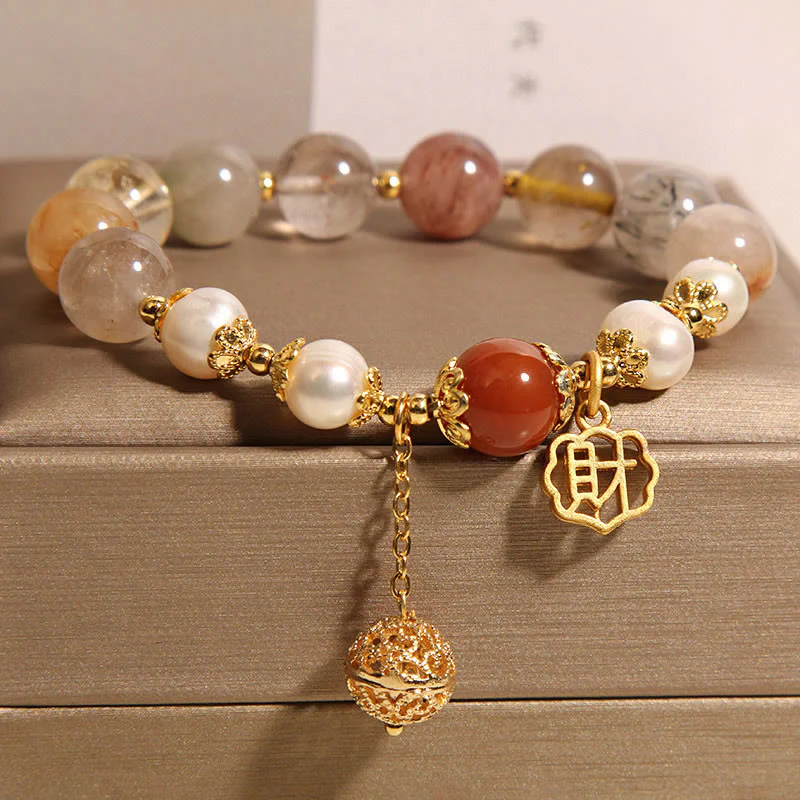 Bransoletka Buddha Stones Natural Rutilated Quartz Pearl Attract Fortune Wealth - Image 3