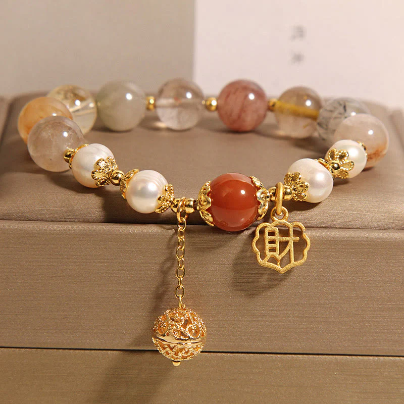Bransoletka Buddha Stones Natural Rutilated Quartz Pearl Attract Fortune Wealth - Image 4