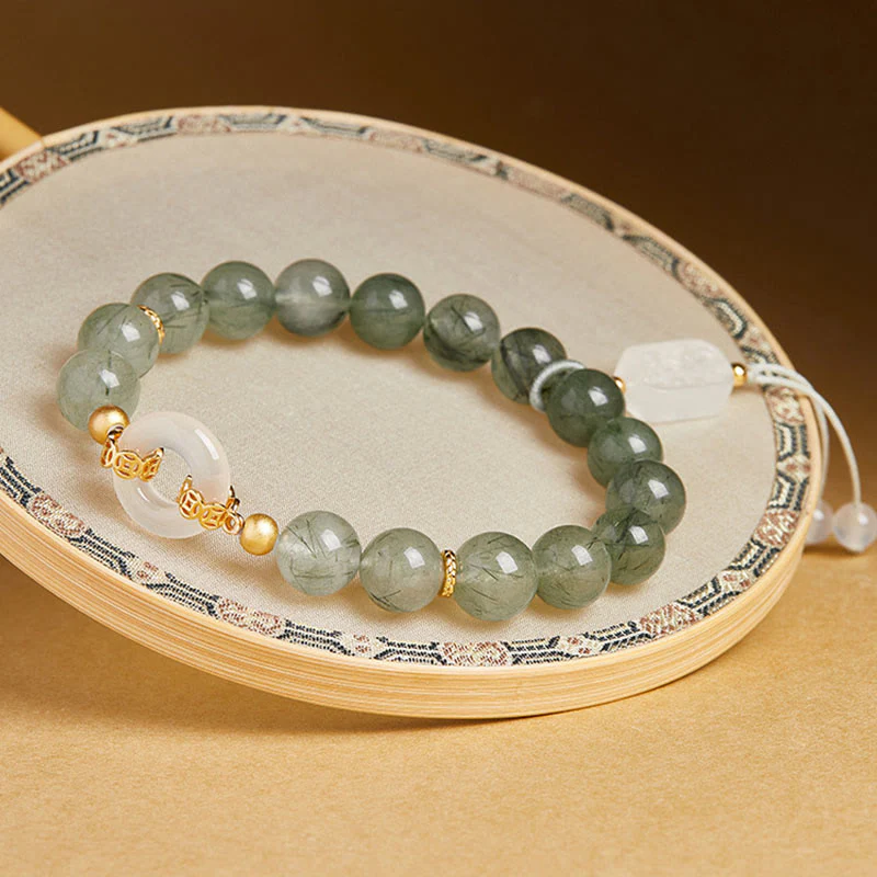 Bransoletka Buddha Stones ze srebra próby 925, zielonego kwarcu rutylowego, białego chalcedonu, zapięcia Peace Buckle Courage - Image 3