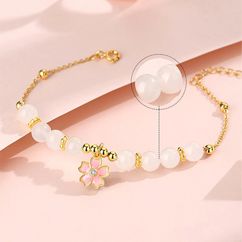 Bransoletka ochronna Buddha Stones 925 Sterling Silver Hetian White Jade Cherry Blossom - Image 5