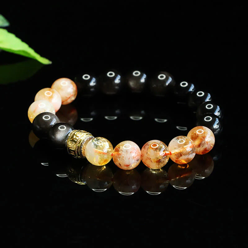 Bransoletka ochronna z Buddha Stones Om Mani Padme Hum w srebrnym połysku z obsydianem i cytrynem - Image 4