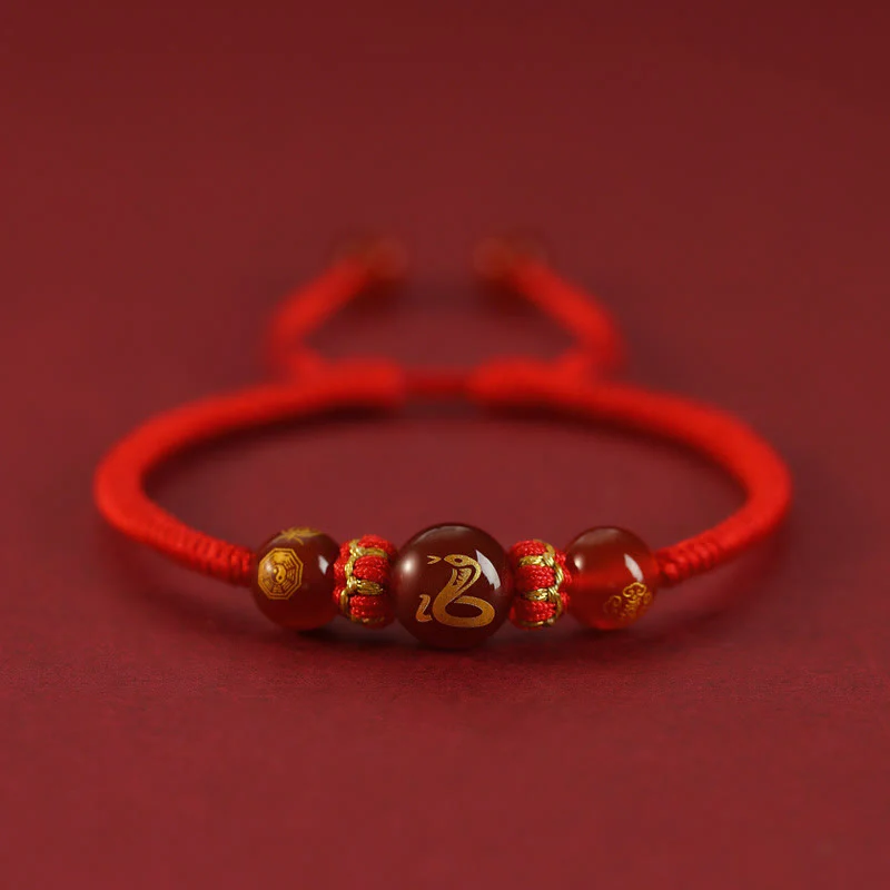 Bransoletka ochronna z czerwonego agatu Buddha Stones wykonana ręcznie z chińskiego zodiaku, czerwony sznurek pleciony