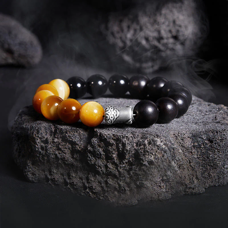 Bransoletka relaksacyjna Buddha Stones 999 Sterling Silver Ebony Tiger Eye Black Obsidian