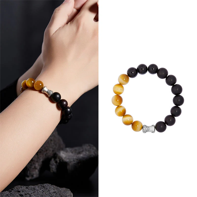 Bransoletka relaksacyjna Buddha Stones 999 Sterling Silver Ebony Tiger Eye Black Obsidian - Image 10