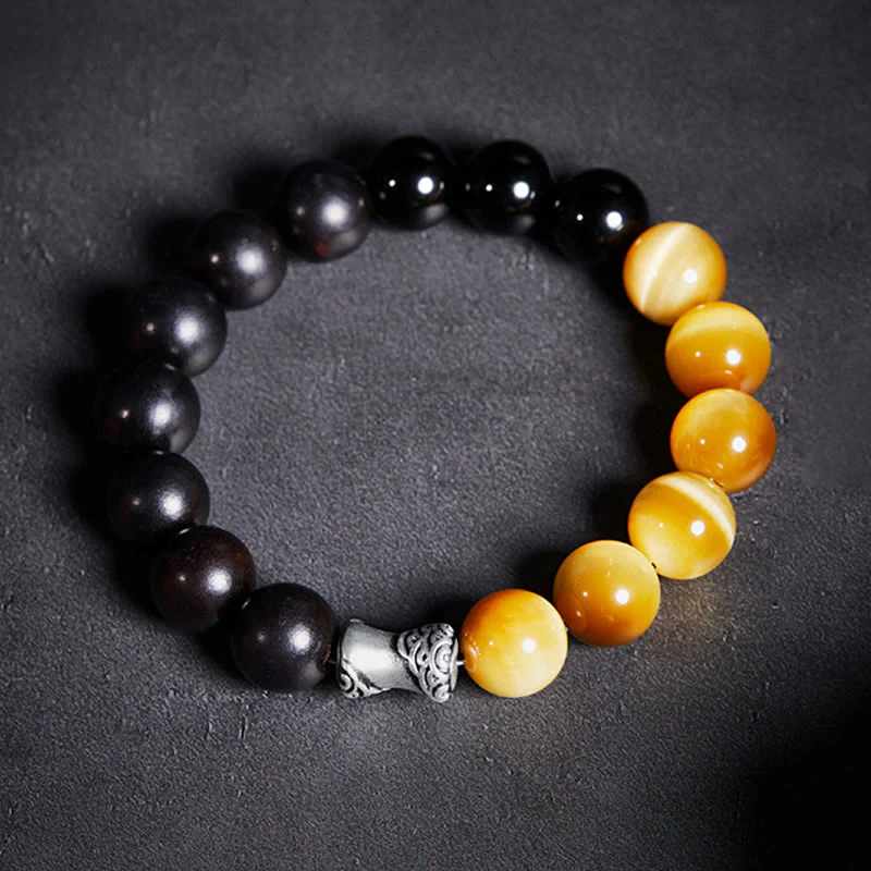Bransoletka relaksacyjna Buddha Stones 999 Sterling Silver Ebony Tiger Eye Black Obsidian - Image 3