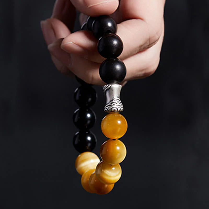 Bransoletka relaksacyjna Buddha Stones 999 Sterling Silver Ebony Tiger Eye Black Obsidian - Image 4