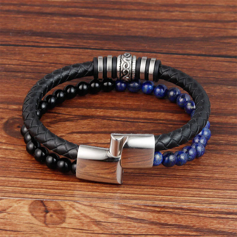 Buddha Stones skórzana Fortune Calm z czarnymi onyksami i lazurytem z lapis lazuli i tytanu - Image 3