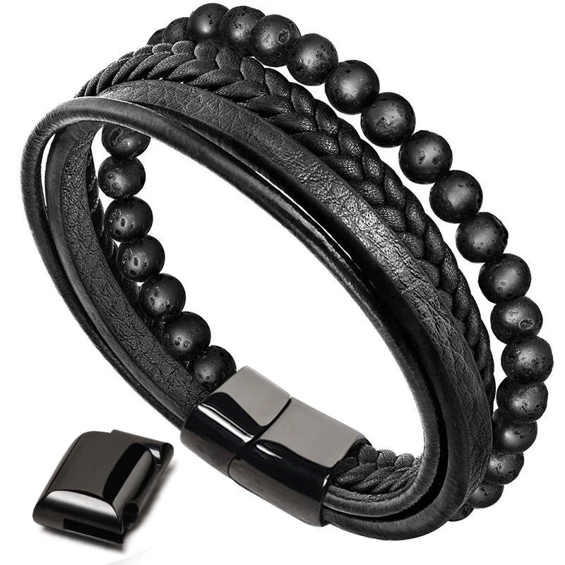 Bransoletka skórzana z Buddha Stones Natural Lava Rock Black Onyx Bead