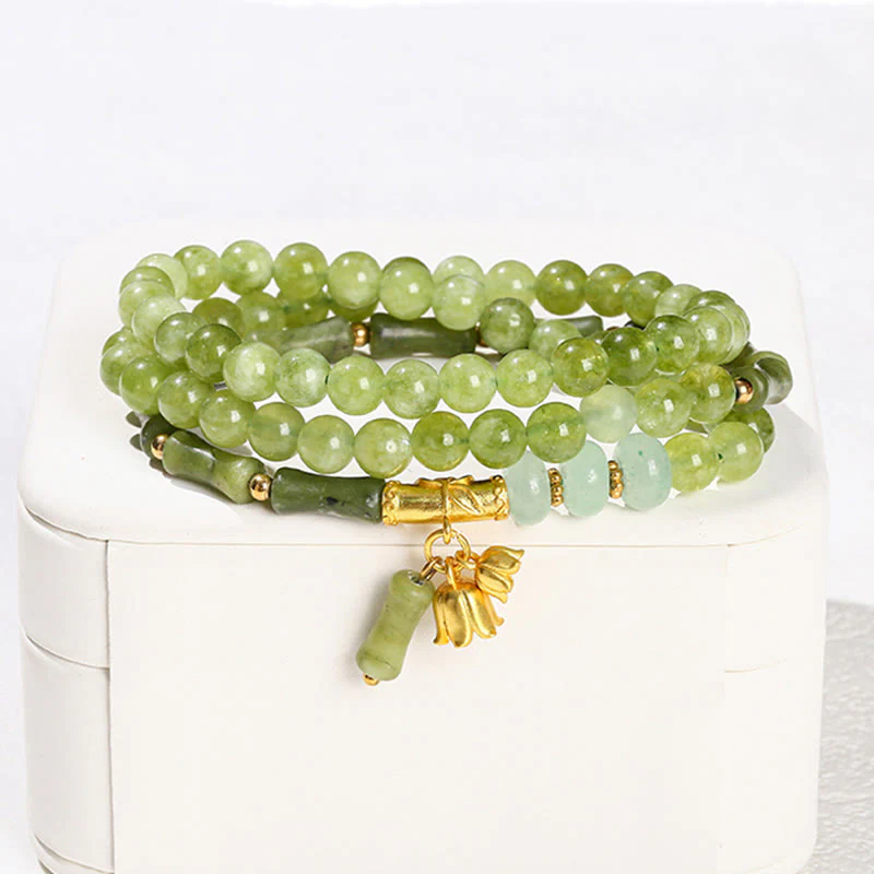 Bransoletka wzmacniająca z Buddha Stones w stylu retro, wielowarstwowa, z konwalii, bambusa i zielonego chalcedonu - Image 3