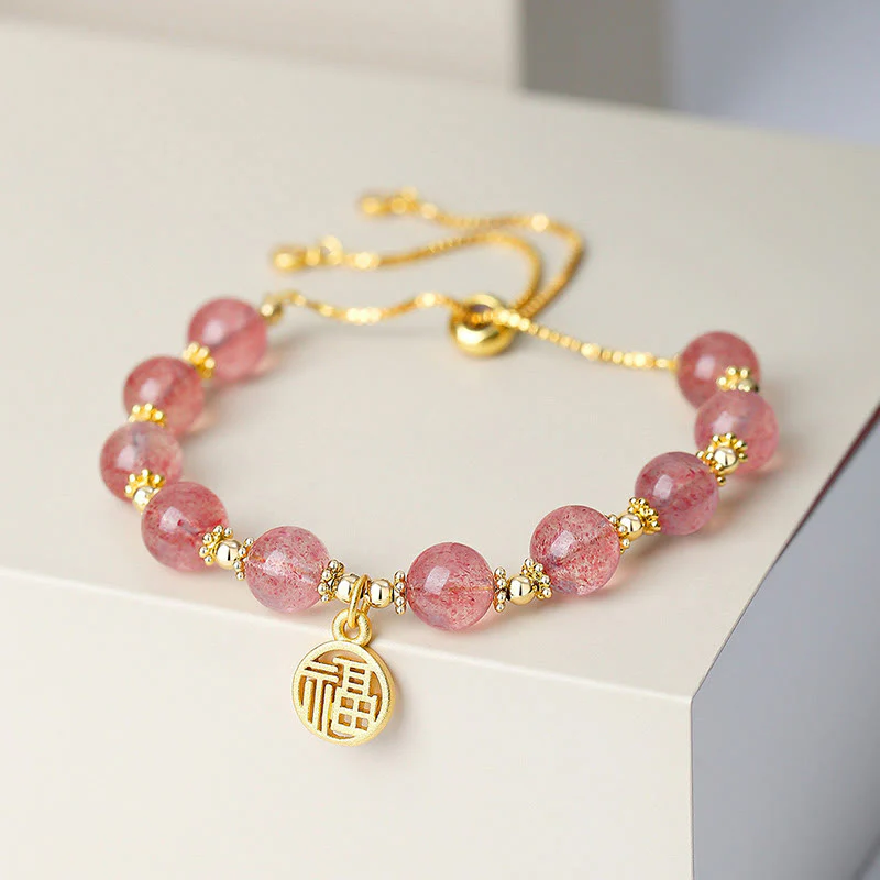 Bransoletka z Buddha Stones 14K pozłacana naturalna truskawka kwarc Fu Character Positive Charm - Image 4