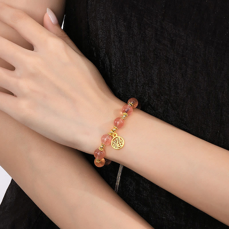 Bransoletka z Buddha Stones 14K pozłacana naturalna truskawka kwarc Fu Character Positive Charm - Image 5