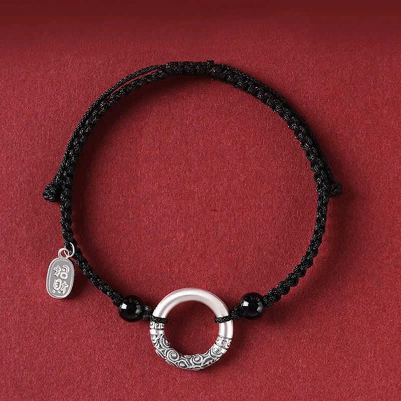 Bransoletka z Buddha Stones 925 Srebro Sterling Czarny Onyks Klamra Pokoju Fu Charakter