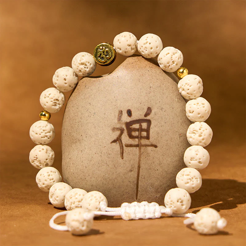 Bransoletka z Buddha Stones, białymi skałami lawowymi i symbolem Om, uzdrawiająca i uspokajająca - Image 2