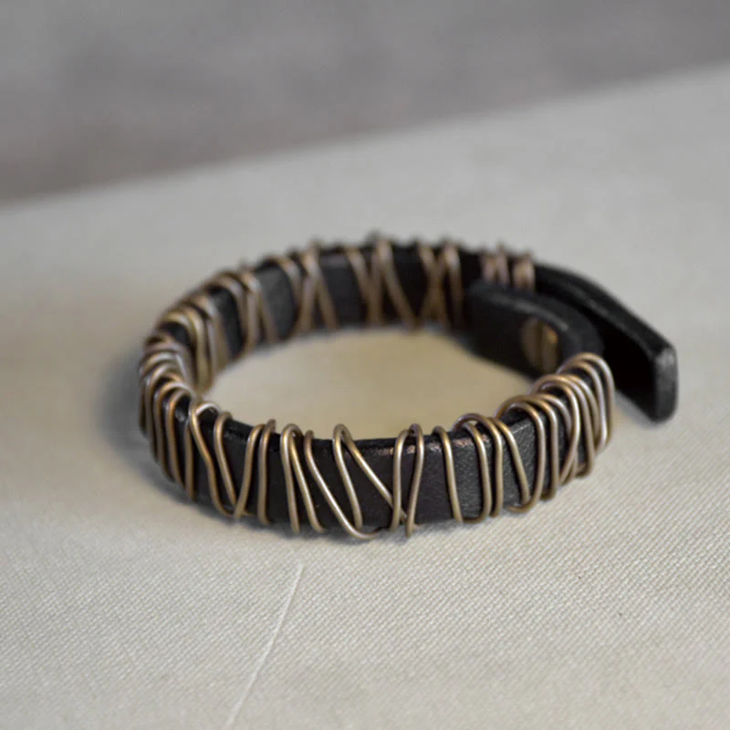 Bransoletka z Buddha Stones Vintage Leather Copper Brass Wire Wrap Balance - Image 16