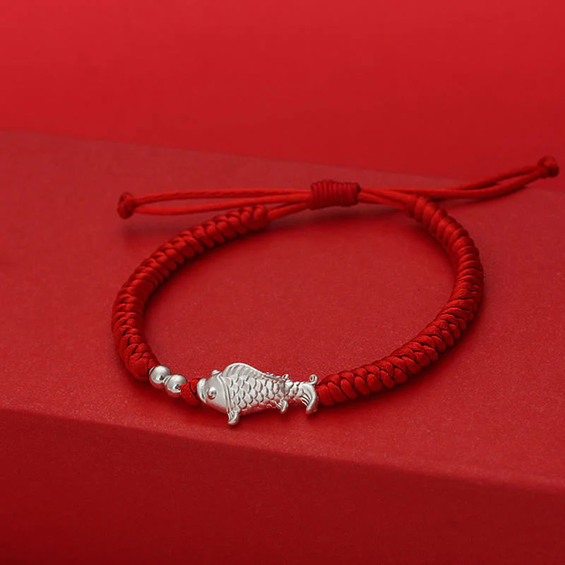 Bransoletka z Buddha Stones ze srebra próby 999, motyw ryby Koi, koraliki ze srebra próby 990, czerwony sznurek, szczęście - Image 4