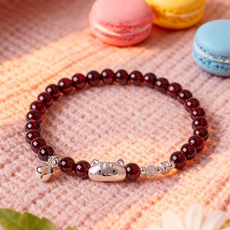 Bransoletka z koralików ochronnych z Buddha Stones próby 999, z naturalnym, uroczym granatem w kształcie głowy kota - Image 18