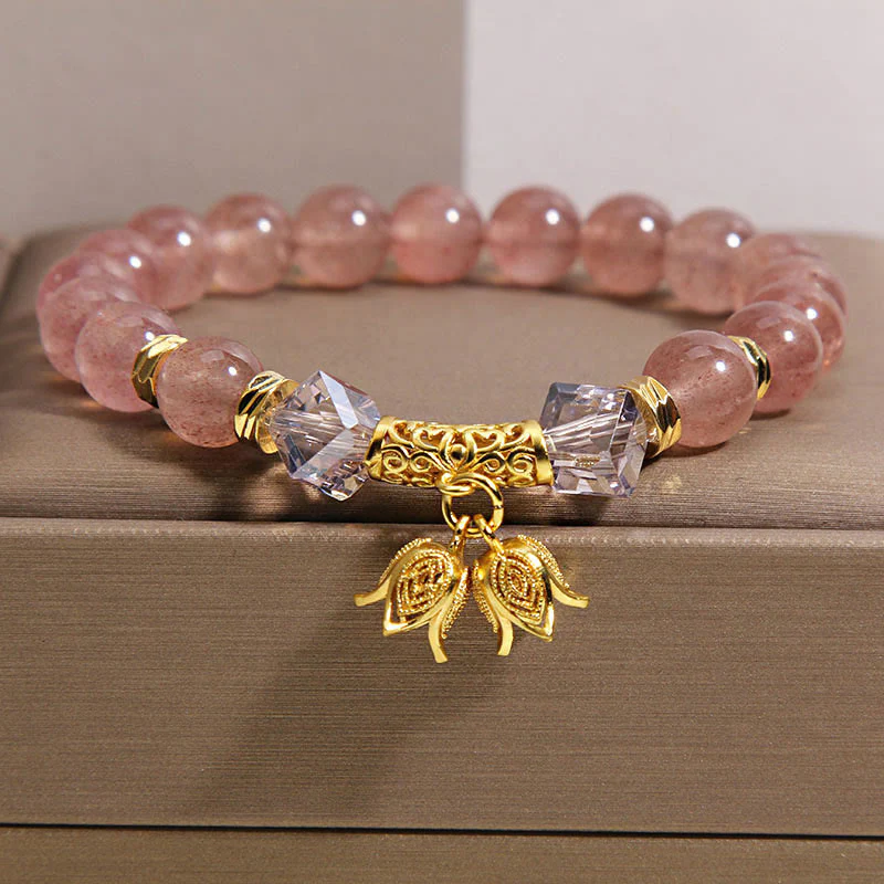 Bransoletka z koralików z naturalnego kwarcu truskawkowego i Buddha Stones z konwalii