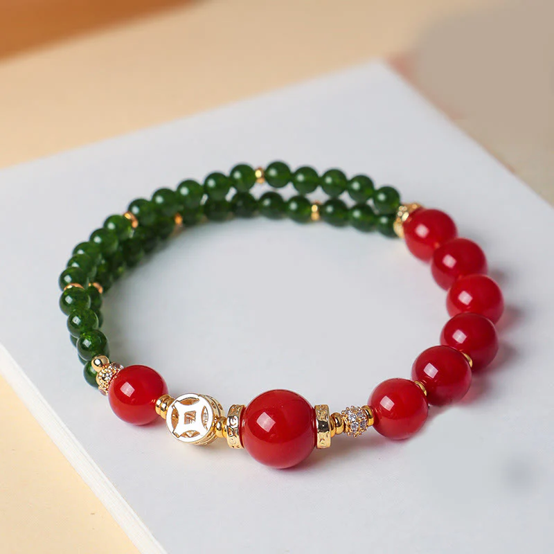 Bransoletka z naturalnego czerwonego agatu Buddha Stones z podwójnym owinięciem i zielonym chalcedonem - Image 5