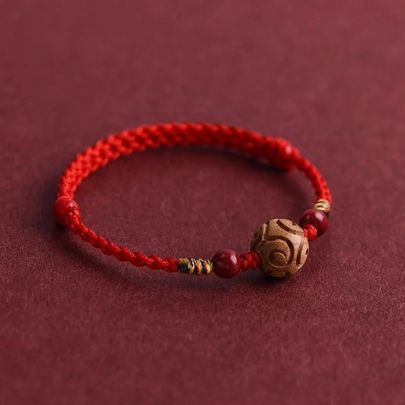 Bransoletka z naturalnego drewna brzoskwiniowego z rzeźbionymi Buddha Stones o pomyślnym wzorze i sznurkiem - Image 3