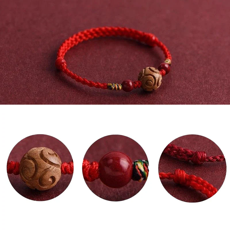 Bransoletka z naturalnego drewna brzoskwiniowego z rzeźbionymi Buddha Stones o pomyślnym wzorze i sznurkiem - Image 5