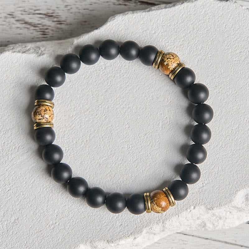 Bransoletka z naturalnego matowego czarnego onyksu z jaspisu obrazkowego "Fortune" z Buddha Stones - Image 2