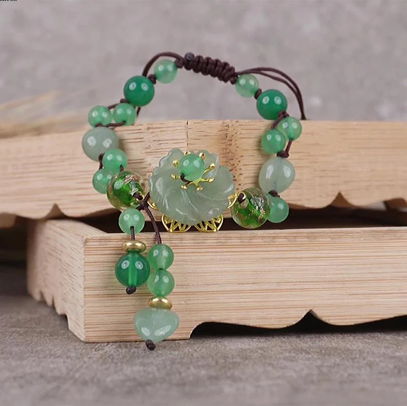 Bransoletka z naturalnego zielonego jadeitu z kwiatami szczęścia i Buddha Stones - Image 11