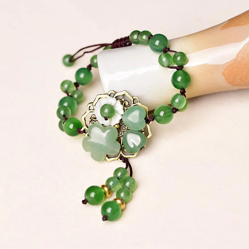 Bransoletka z naturalnego zielonego jadeitu z kwiatami szczęścia i Buddha Stones - Image 12