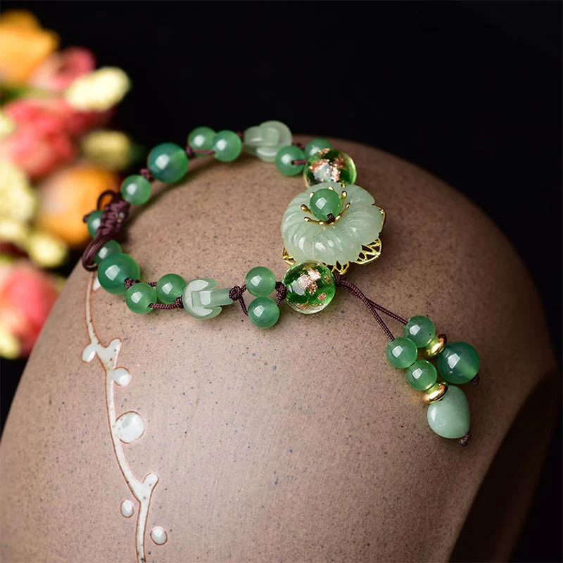 Bransoletka z naturalnego zielonego jadeitu z kwiatami szczęścia i Buddha Stones - Image 4
