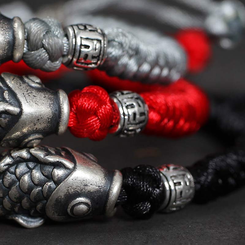 Bransoletka z plecionego sznurka z Buddha Stones w kolorze srebrnym i rybą Koi - Image 9