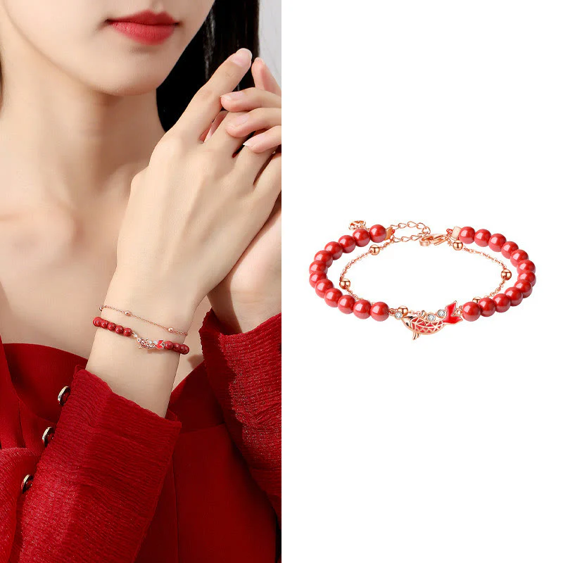 Bransoletka z podwójnym łańcuszkiem Buddha Stones 925 Sterling Silver Lucky Koi Fish Cinnabar Zircon Prosperity - Image 13
