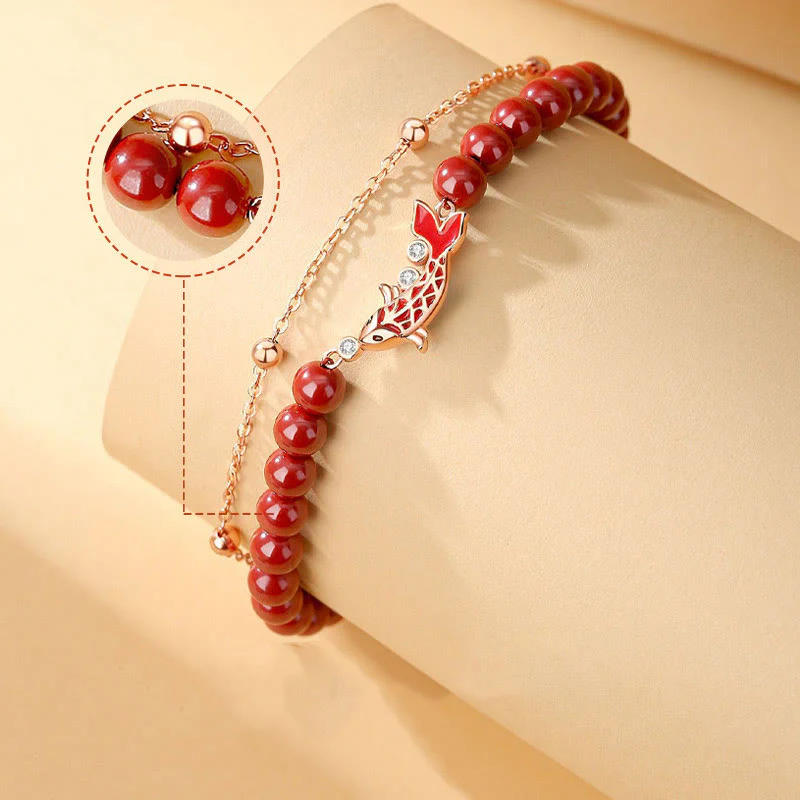 Bransoletka z podwójnym łańcuszkiem Buddha Stones 925 Sterling Silver Lucky Koi Fish Cinnabar Zircon Prosperity - Image 3