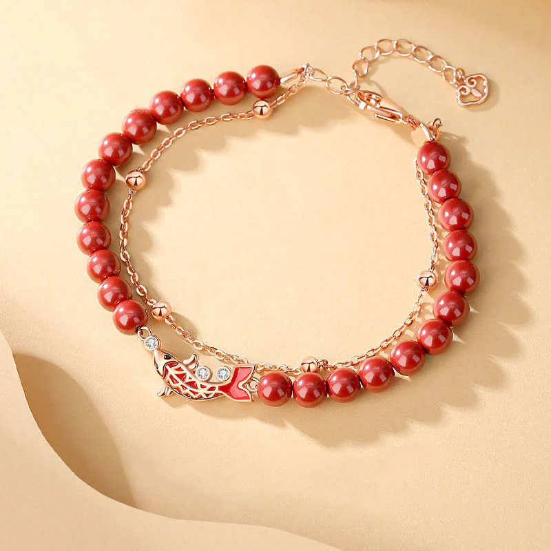 Bransoletka z podwójnym łańcuszkiem Buddha Stones 925 Sterling Silver Lucky Koi Fish Cinnabar Zircon Prosperity - Image 4